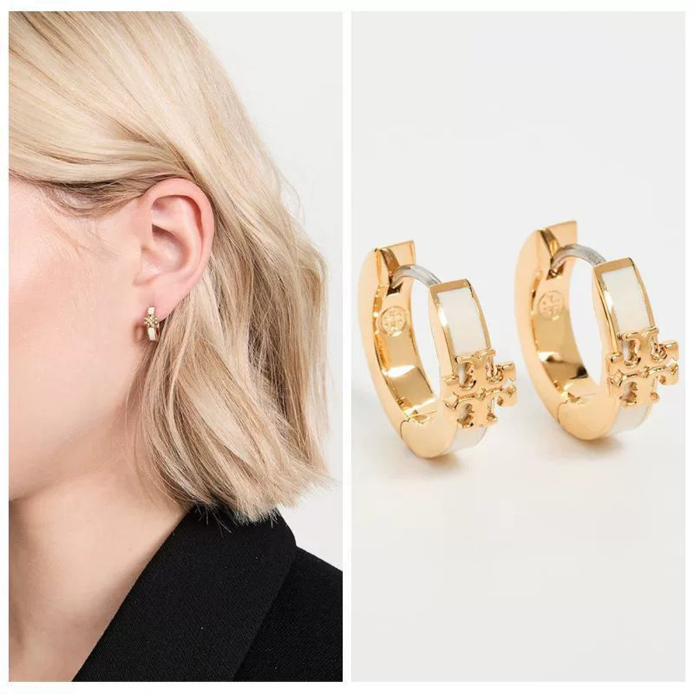 Tory Burch Gold White Enamel Round Hoop Earrings